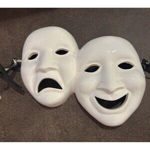 Vtg. Clay Art Theater Mask wall hanging White Y2K Ceramic Comedy & Tragedy 6.5”